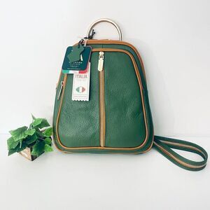 NWT Valentina Green Tan Italian Genuine Leather Convertible Sling Backpack Bag